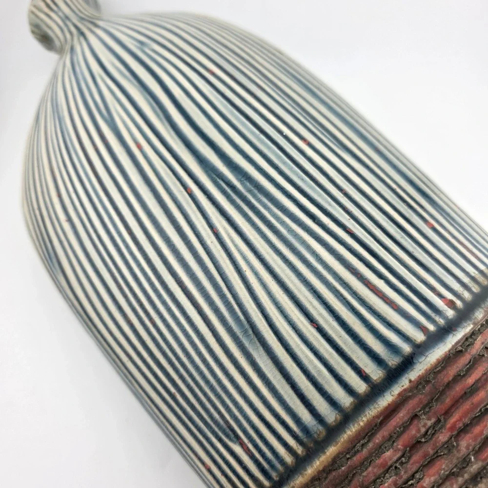 Pier 1 Decorative Vase Ribbed Ceramic Asymmetrical‎ Blue Brown Excellent  Decor